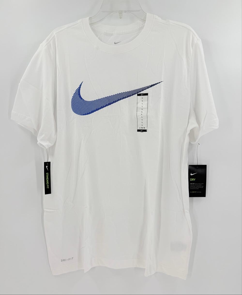 Nike The Nike Tee Mens L White Dri-FIT Shirt Blue Striped Swoosh Standard Fit